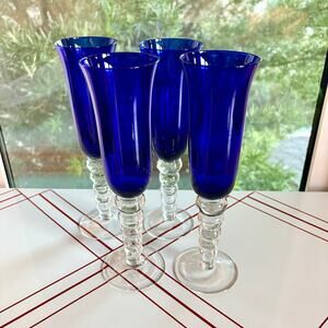 Vintage Cobalt Blue Champagne Flutes Set of 4, Clear Bubble Stem Glasses, 9.5”